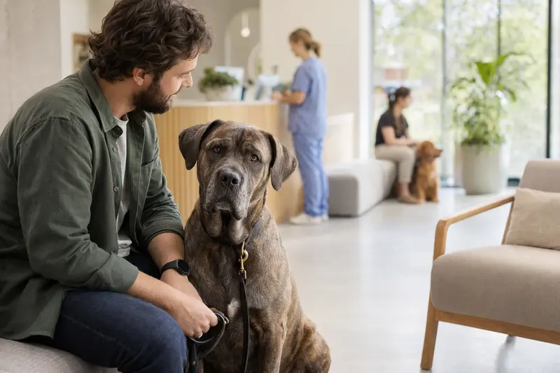 Ein Mastiff sitzt ruhig neben seinem Besitzer im hellen Wartezimmer einer modernen Tierarztpraxis.